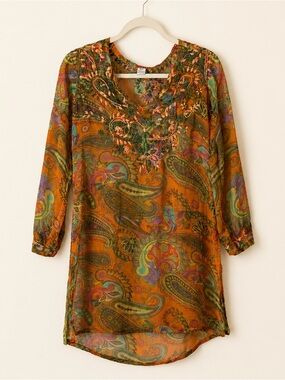 Raj 100% Silk Embroidered Paisley Boho Tunic  Sheer Top Orange Size S